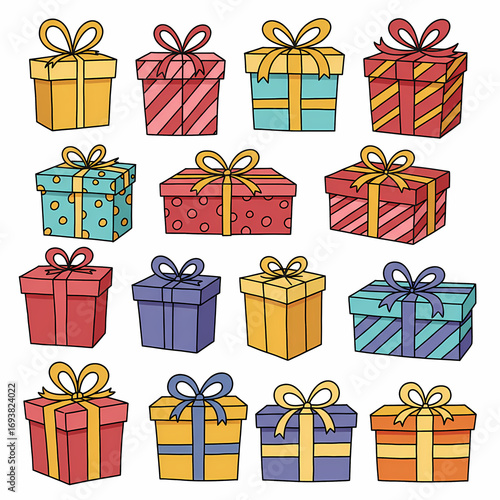 Sixteen Vibrant Cartoon Gift Boxes with Ribbons in Red, Yellow, Blue and Teal Patterns Arranged in 4x4 Grid Against White Background