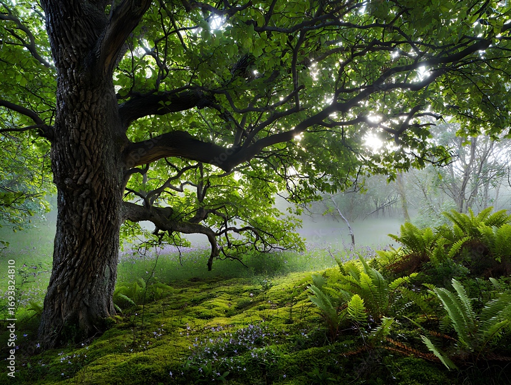 Fototapeta premium Misty forest scene with ancient moss covered tree and lush green ferns in soft sunlight