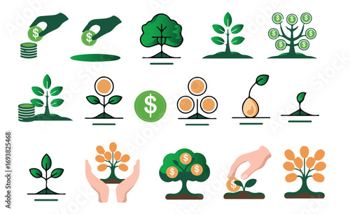 A collection of vector icons representing financial growth, investment, savings, and economic development. Includes money trees, hand planting coins, and growing plants with dollar signs. Ideal for fi