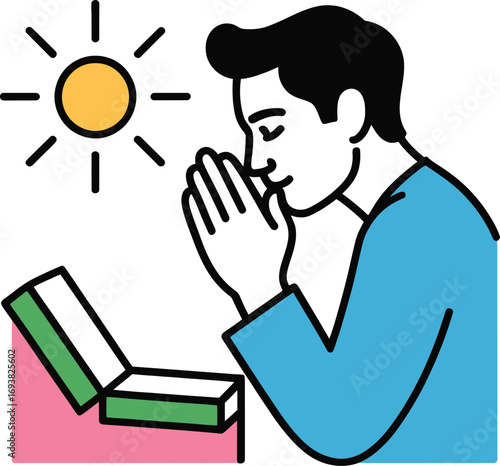 Man praying under sun with open gift box, seeking blessings and gratitude