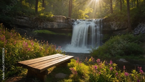 Serene waterfall cascading over rocks surrounded by vibrant flowers and lush greenery in a tranquil forest