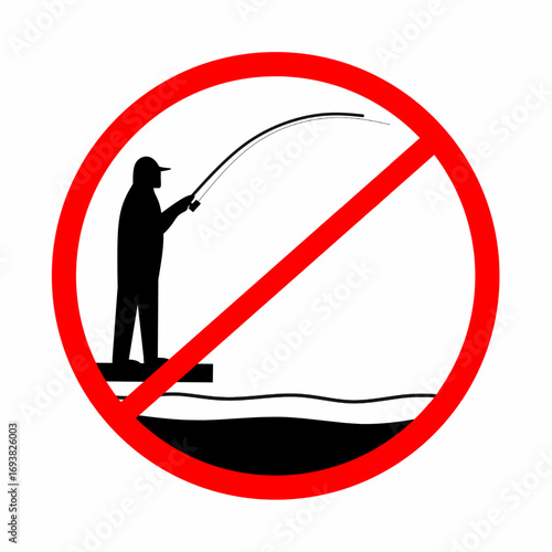 A sign depicting a person holding a fishing hook with a red circle indicating a prohibition on a white background. The concept of no fishing in this area. Vector illustration.