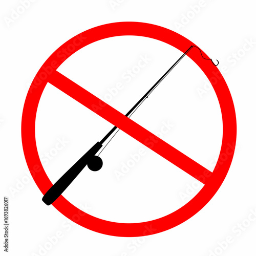 No fishing sign on a white background. Vector of a fishing rod with a red circle warning of a ban.
