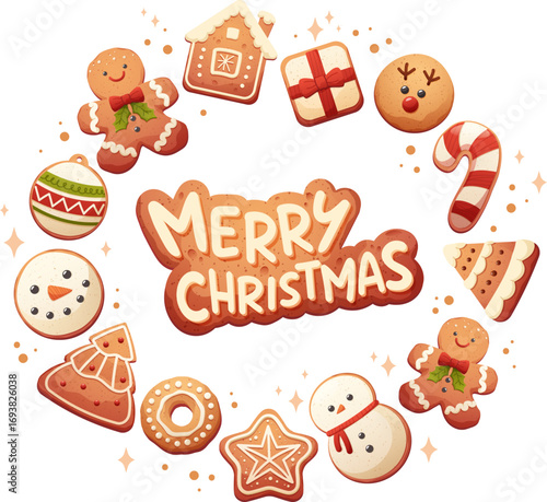 Merry Christmas greeting made of gingerbread and cookies. Round composition for cards, prints, social media. Vector Christmas cookies