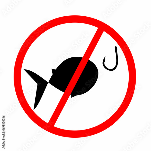 fishing is prohibited in this area. with illustration of fish about to eat fishing hook and red circle isolated on white background.