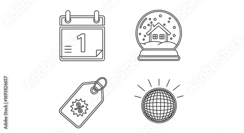 Vector illustration of set of four black and white outline icons calendar with number 1, snow globe with house, gift tag with percentage symbol, and disco ball