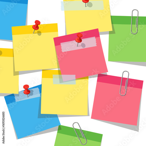 A collection of colorful sticky notes in yellow, pink, blue, and green, attached with red pushpins and silver paperclips on a white background.