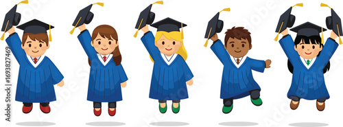 Happy cartoon kids in graduation gowns and caps celebrating success, school achievement, academic milestone, diverse children education vector illustration
