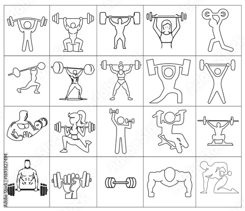 A collection of fitness and weightlifting icons in minimalist line art style. Includes illustrations of people lifting barbells, doing squats, lunges, and bodybuilding poses. Ideal for fitness apps, g