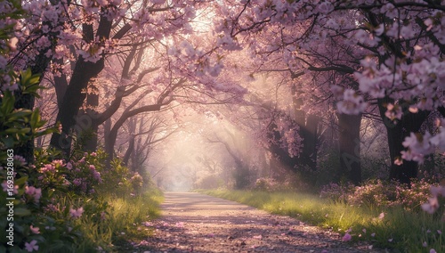 Serenity Path Under Blooming Cherry Blossoms