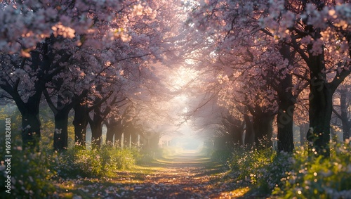 Golden Sunrise Through Cherry Blossom Pathway