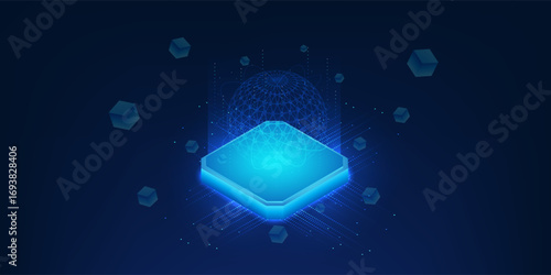 Quantum computing technology illustration, futuristic microchip board with quantum processor on top, glowing data flow and particles, symbolizing high-performance computing and future innovation