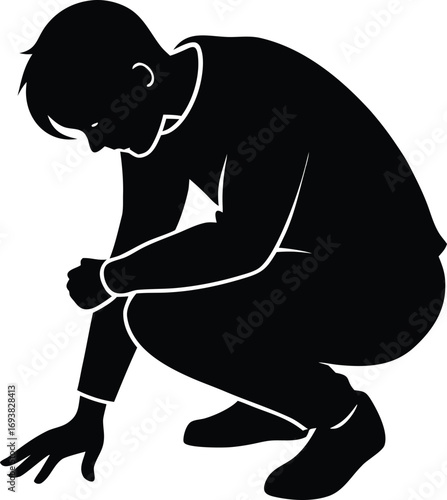 Man crouched touching ground silhouette top view vector