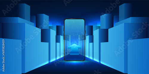 Smartphone navigation with satellite internet connection, Navigator arrow on map screen, satellites orbiting Earth transmitting signal, global connectivity and positioning technology concept
