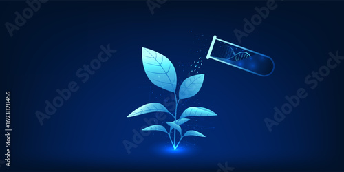 Biotechnology illustration of a plant experiment with DNA helix, lab analysis, and bioengineering concept for modern agriculture and biological innovation