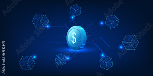 Blockchain technology illustration with digital coins connected to data blocks in a blockchain network, symbolizing cryptocurrency transactions, decentralized finance, and future fintech innovation