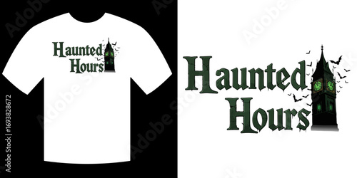 Haunted Hours Tee & Logo: A striking design of a Haunted Hours t-shirt, featuring a spooky graphic and logo that captures the eerie essence of a ghostly night.