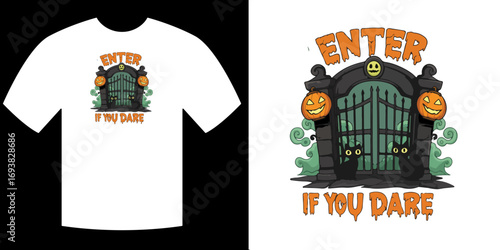 Halloween T-shirt Design: A spooky t-shirt design features an ominous gate, framed by grinning jack-o'-lanterns and the spine-chilling inscription ENTER IF YOU DARE.