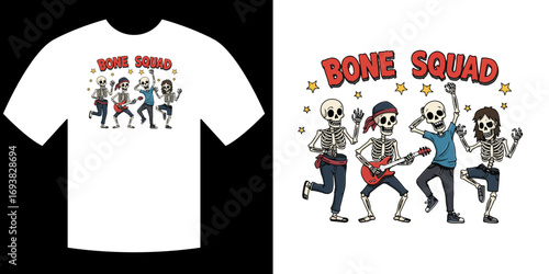 Bone Squad: A playful graphic on a t-shirt, featuring a spirited skeleton band rocking out with musical instruments in a lively and artistic illustration, capturing the essence of fun and camaraderie.