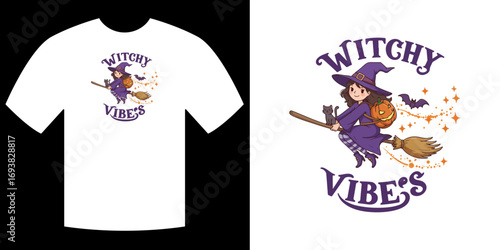 Witchy Vibes: A playful and whimsical illustration of a charming witch, perfectly embodying the spirited essence of Halloween, adorns a crisp white tee, ready to cast a spell of fun!