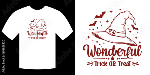 Wonderful Trick or Treat Tee: A whimsical illustration graces a crisp tee, beckoning all to embrace the festive fun of Halloween, with a witch hat motif
