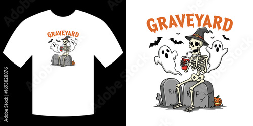 Spooky Graveyard T-shirt Design: The design showcases a whimsical skeleton figure in a graveyard setting with the word GRAVEYARD, featuring a Halloween theme