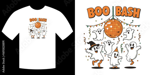Spooktacular Halloween T-shirt Design: Featuring a festive and playful Boo Bash graphic, this t-shirt design captures the spirit of Halloween with dancing ghosts and a disco ball.