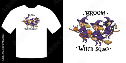 Witch Squad Tee: A vibrant illustration of three witches on brooms, a playful design perfect for Halloween, celebrating a 'witch squad' in whimsical fashion, evoking the magic of the season.