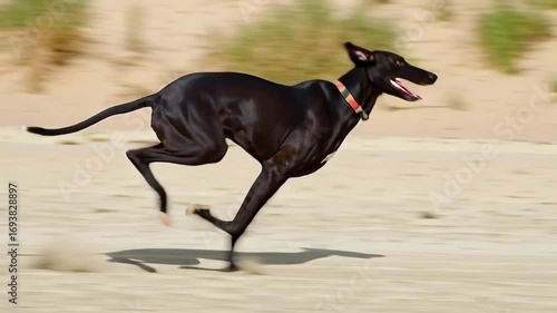 Sleek Black Greyhound Dog Running Fast on Sandy Beach Showcasing Speed and Agility with Blurred Grass Background