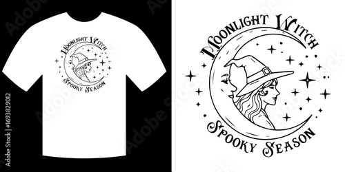 Moonlight Witch Design: A captivating graphic art design for apparel features a serene witch silhouette beneath the radiant moon with text to represent this special time in the year.