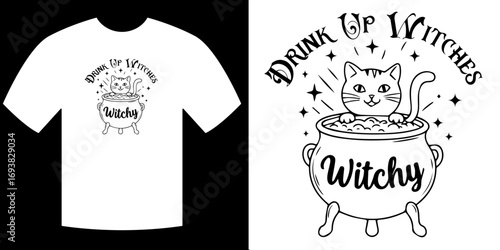 Witchy Tee Design: Whimsical illustration on a tee shirt featuring a cute cat, cauldron, stars, and the playful phrase Drink Up Witches, perfect for Halloween. 