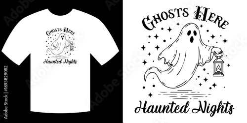 Ghostly Apparel: A minimalist t-shirt design featuring a friendly ghost silhouette carrying a lantern amidst stars, epitomizing the Halloween spirit of Ghosts Here, Haunted Nights.