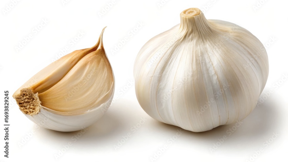 Obraz premium Fresh Garlic Bulb and Clove isolated on White Background