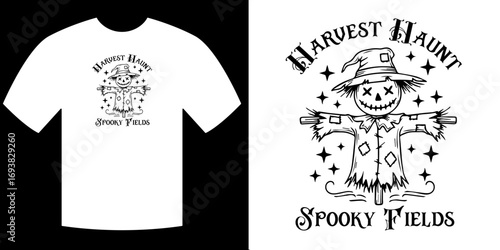 Title: Cute Scarecrow "Harvest Haunt Spooky Fields" Halloween T-shirt Design


