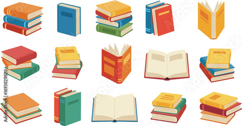 Stack of books illustration, colorful book set, open book vector, reading concept, education icons, school learning flat design