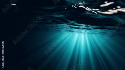 Underwater View with Sunlight Rays Penetrating Ocean Surface, Casting Vibrant Beams into Clear Blue Marine Water