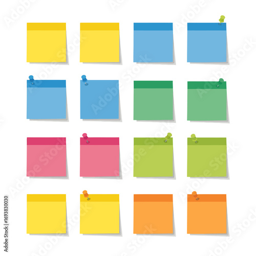 Arrangement of sixteen colorful sticky notes, each with a pin, on a white background.