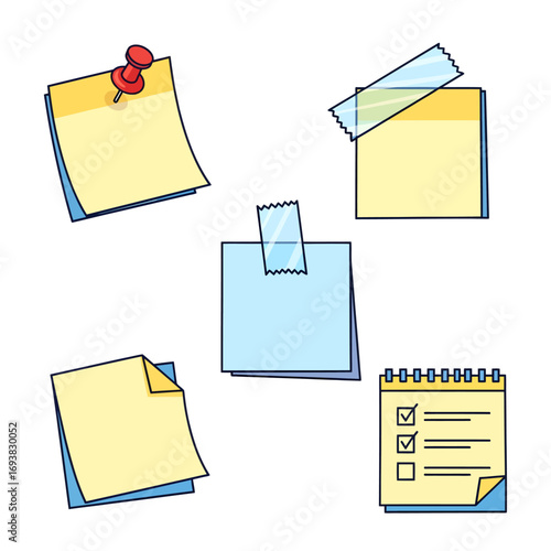 A collection of five sticky notes, some attached with tape and one with a thumbtack, and a notepad with a checklist.