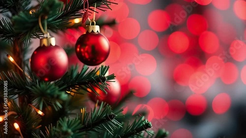 Close up of decorated Christmas tree with red ornaments, festive lights, and holiday decorations creating warm and joyful