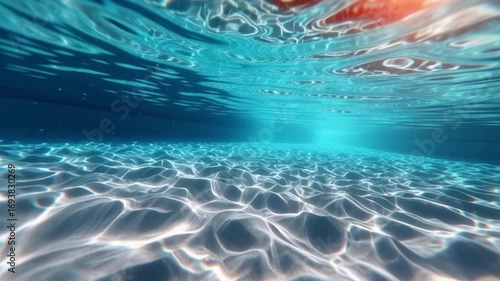 Serene Underwater View with Sunlight Filtering Through Water Surface, Creating Ripples and Shimmering Patterns on Ocean Floor