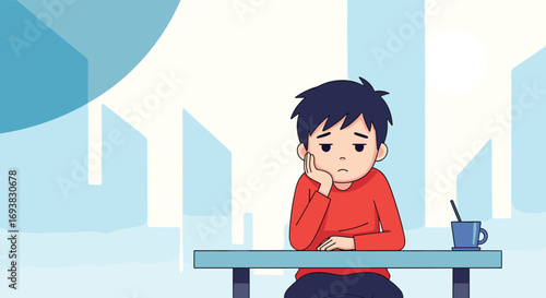 A young person looking bored at a table with a mug and buildings in the background