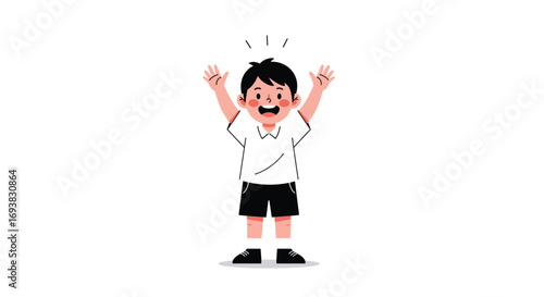 An excited young boy with arms raised high celebrating a moment of pure joy and elation outdoors on a sunny day
