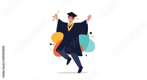 Happy graduate celebrating with diploma and wearing academic regalia and cap with colorful bubbles in background