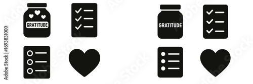 Visual representation of gratitude concepts through icons and checklists depicting appreciation and mindfulness practices