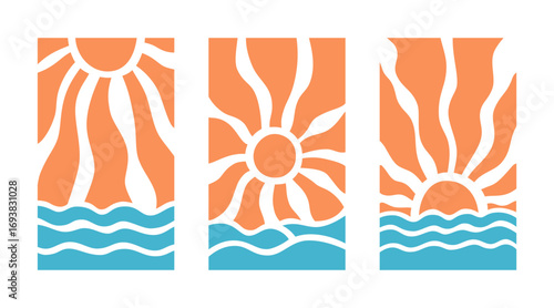 Summer sun rays and sea beach psychedelic background set. Wavy rays in boho groovy style. Abstract sun burst poster. Nature bg. 70s, 80s design. Vector illustration isolated on white background.