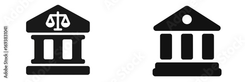 Symbols of justice and governance represented by simple black icons depicting a courthouse and a balance scale
