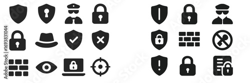 Collection of security icons representing various aspects of protection, safety, and surveillance in a digital context
