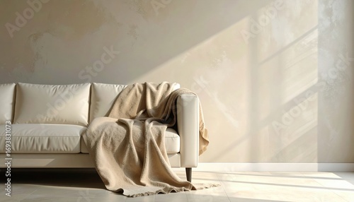 Plain throw blanket draped over sofa arm open wall and floor wallpaper background representing cozy home textile detail suitable for minimal interior design