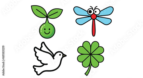 Vector illustration of four cartoon icons smiling sprout, dragonfly, dove, and fourleaf clover