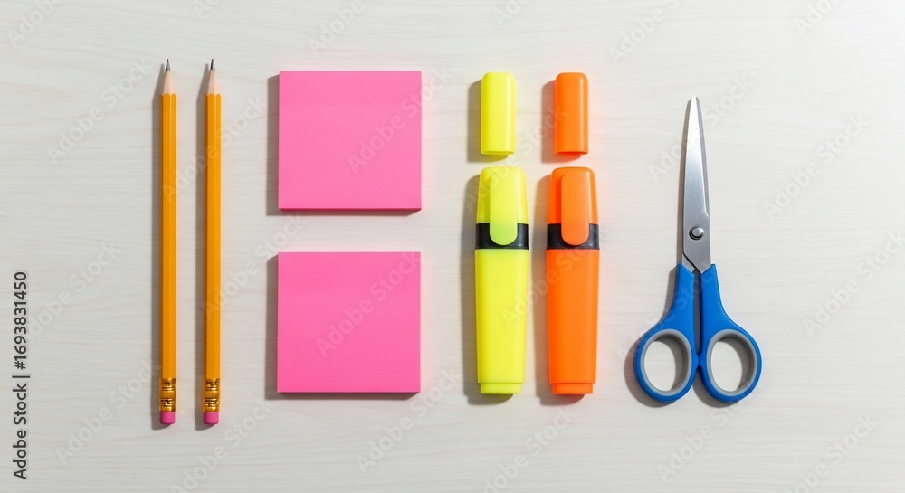 Naklejka premium Stationery Supplies - Pencils, Sticky Notes, Highlighters, and Scissors.